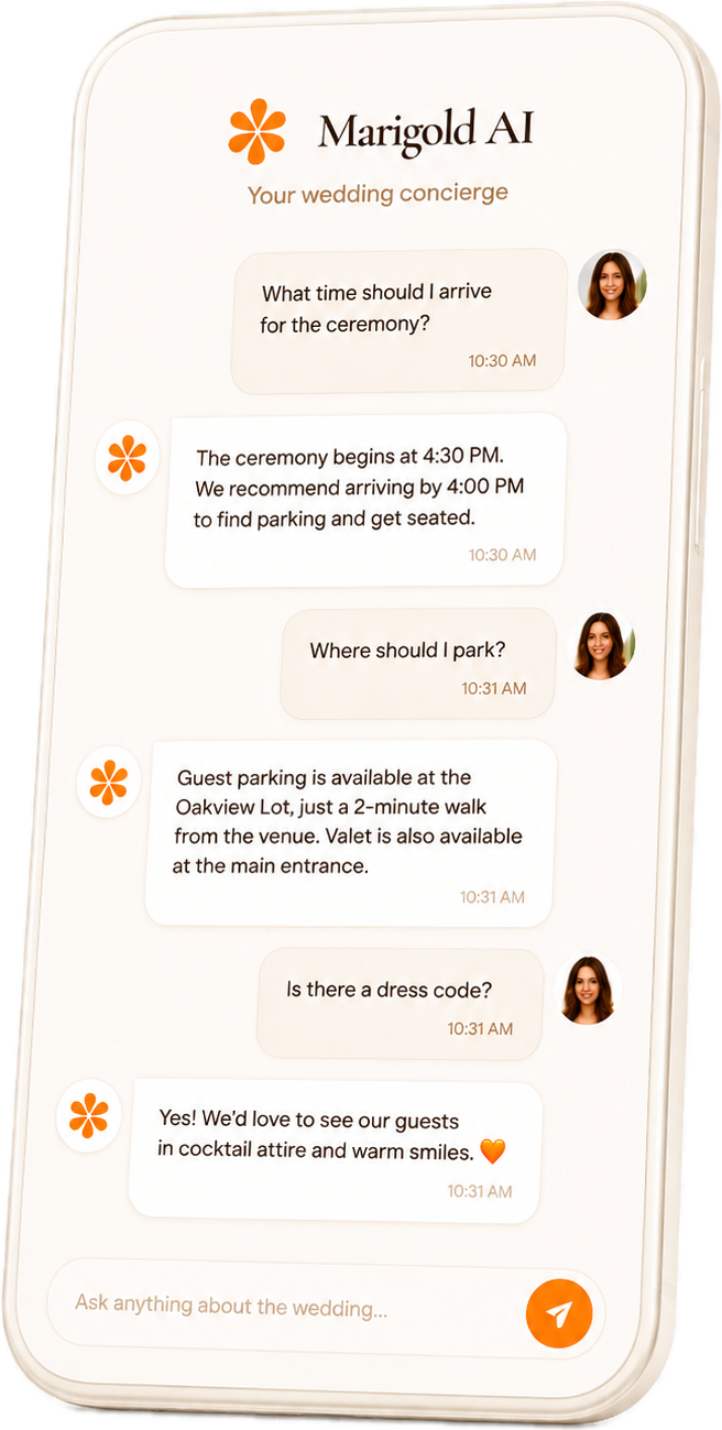 Marigold AI answering guest questions about the wedding ceremony